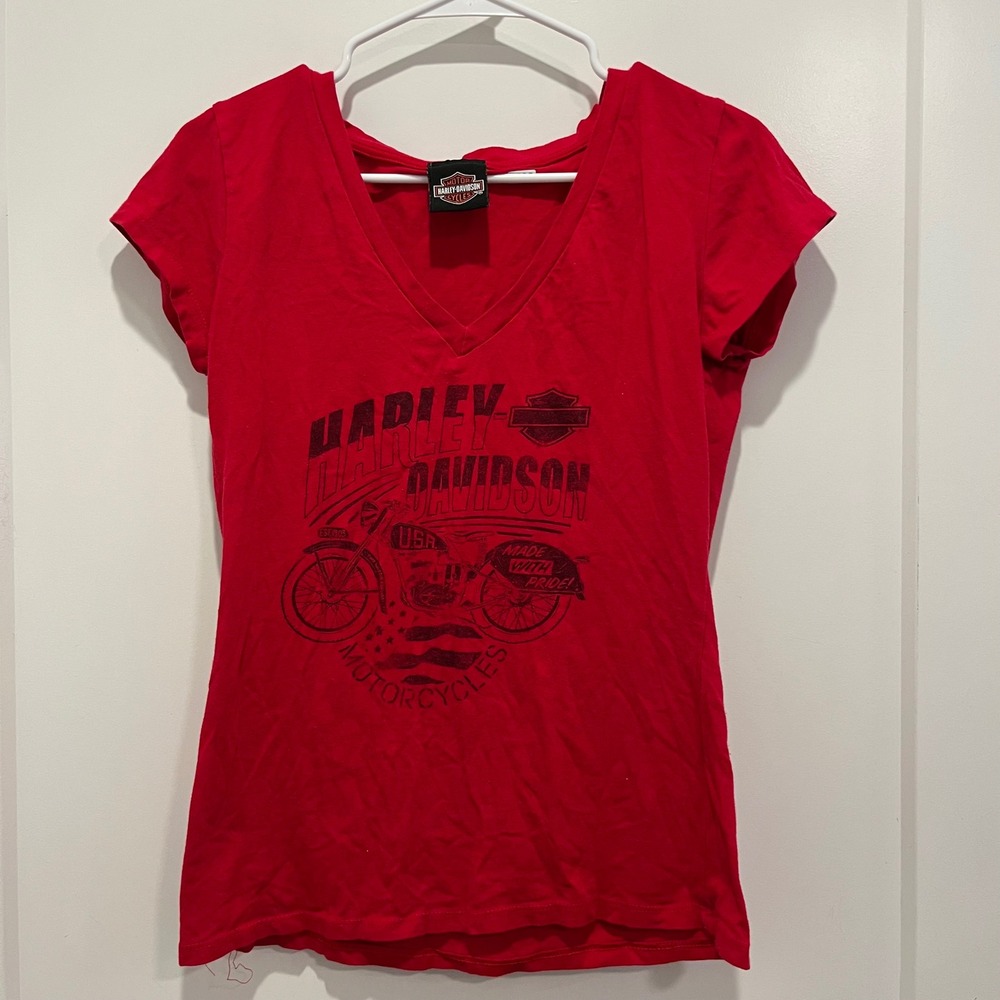 Harley-Davidson Womens Red Graphic V-Neck T-Shirt Short Sleeve Motorcycle Tee